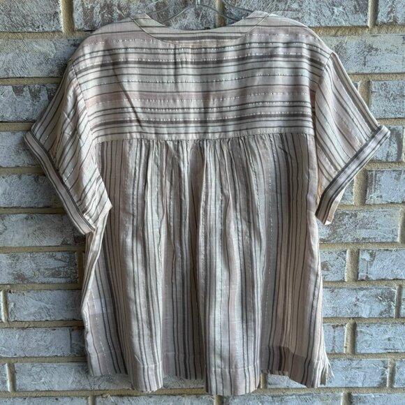 Lucky Brand Short Sleeve Split V-Neck Striped Boho Blouse Women's Size L - Picture 2 of 7